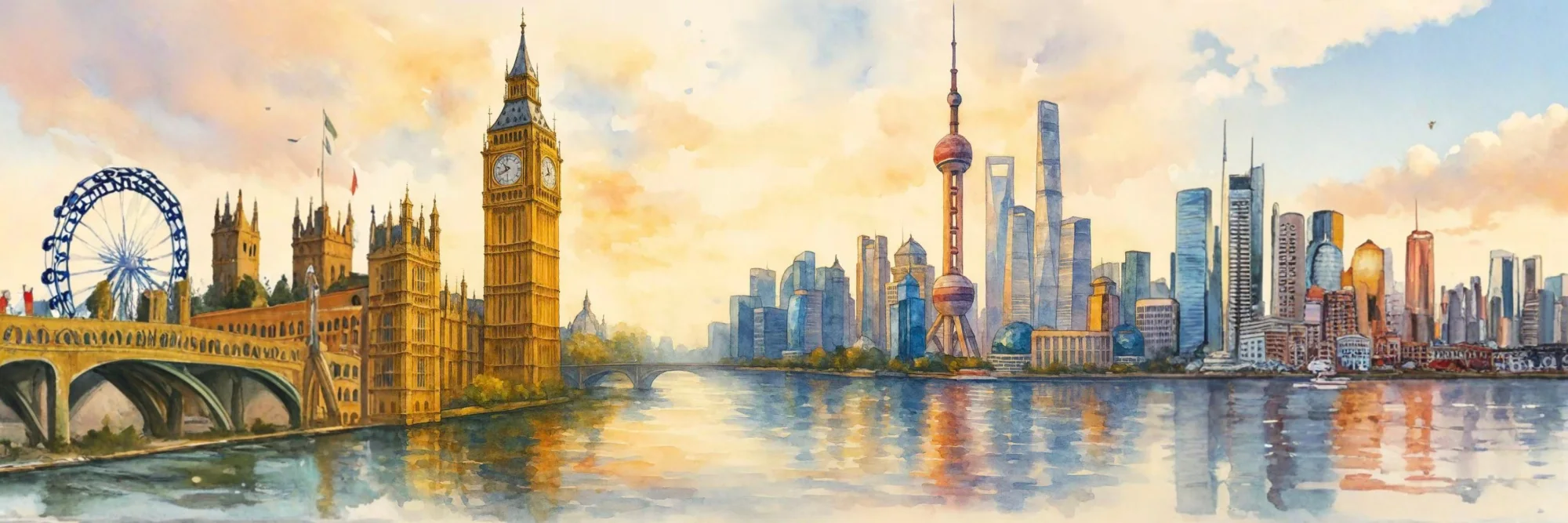 Watercolour panorama joining the London and Shanghai skylines