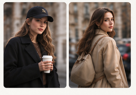 Evelina wearing Hazzys in two creator photographs