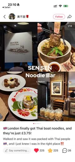 Rednotes post showing dishes at Sen Sen Noodle Bar